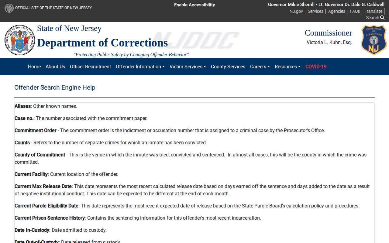 NJDOC field glossary for Sussex County released inmate records