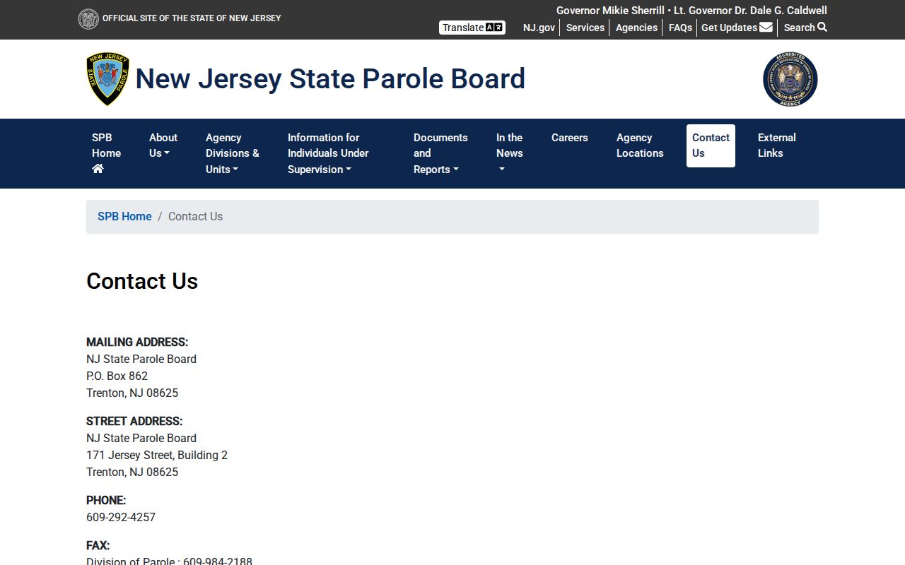 Sussex County post-release supervision contacts from the New Jersey State Parole Board